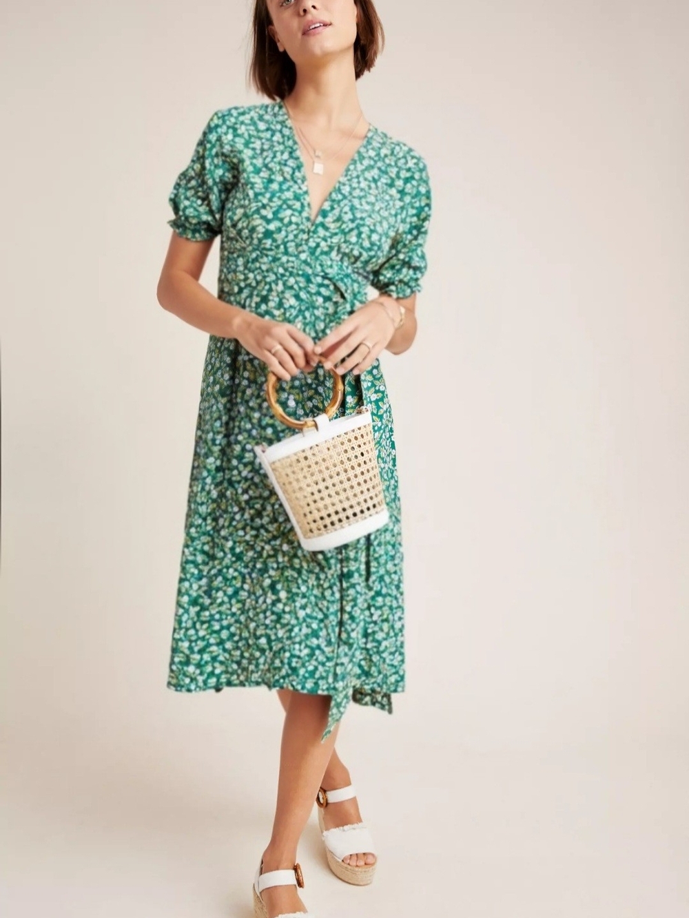Faithfull the Brand  Anthropologie Green Floral Wrap Midi Dress with Puff Sleeve
